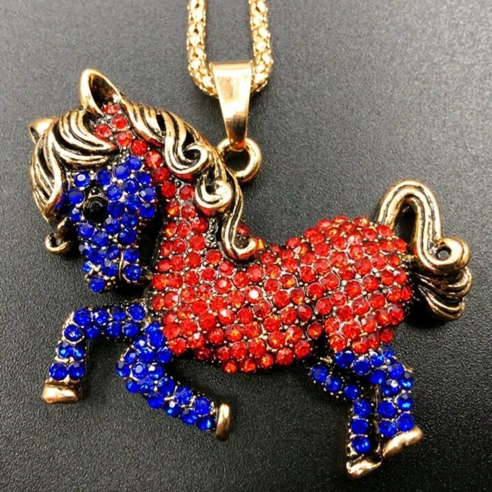 Red white blue America horse bling gems necklace